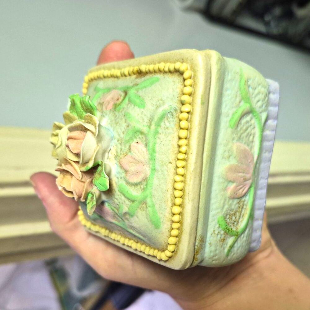 Vintage Square Floral Ceramic Trinket Box w/ Raised Rose Lid Beaded Edge